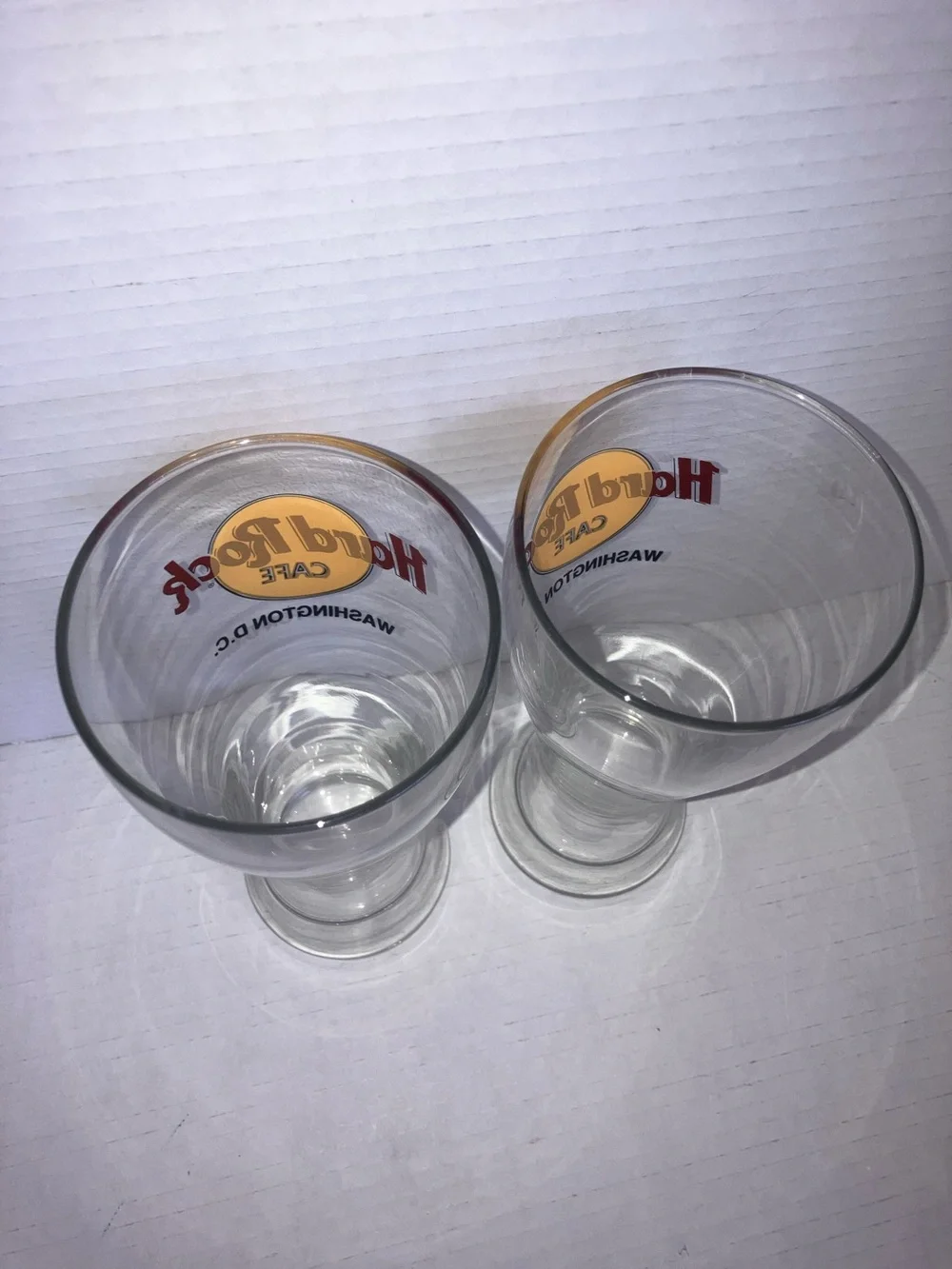 2 Hard Rock Cafe Clear Pint Glasses with Yellow and Brown Logo - Washington D.C.